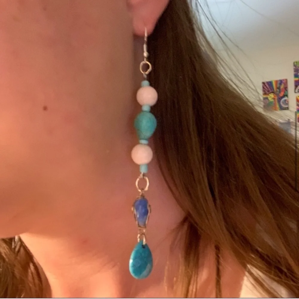 Handmade New S925 Sterling Silver Turquoise Rhodonite Skull Candy Drop Earrings